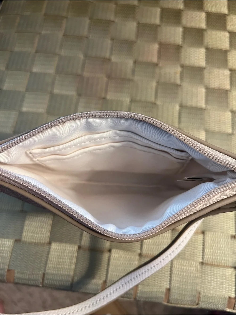 Coach Beige Signature Canvas Wristlet with Cream Colored Center Panel